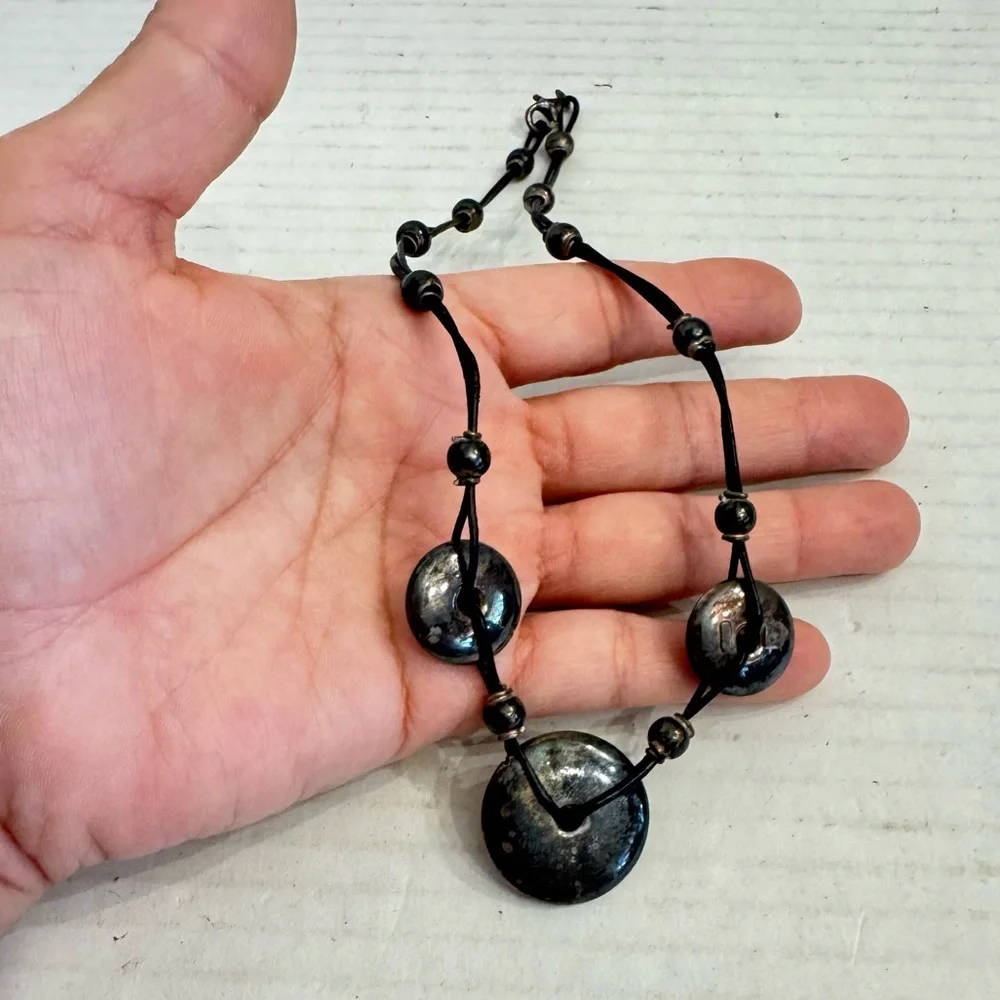 Sterling Silver Round Puffer Circle Discs Leather Cord Necklace Made in Italy - Picture 13 of 16